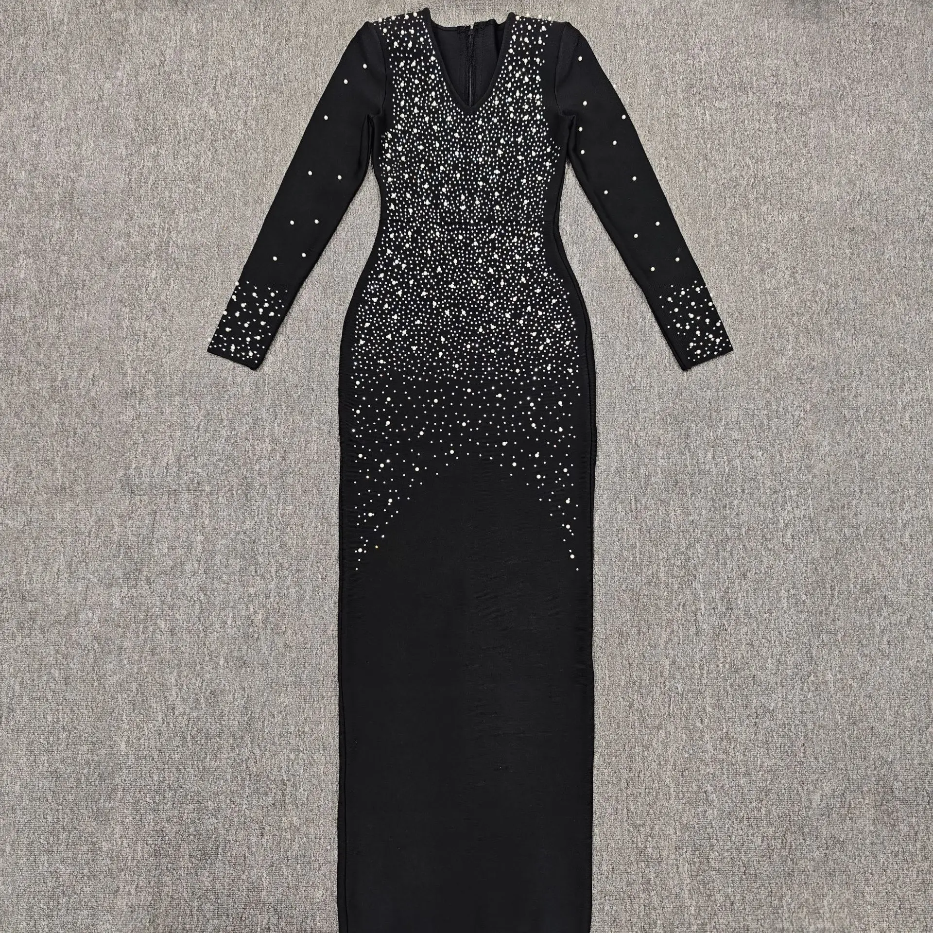 Vestido de noche elegante de manga larga con cuello en V y incrustaciones de diamantes para mujer, vestido adelgazante de moda brillante de alta gama