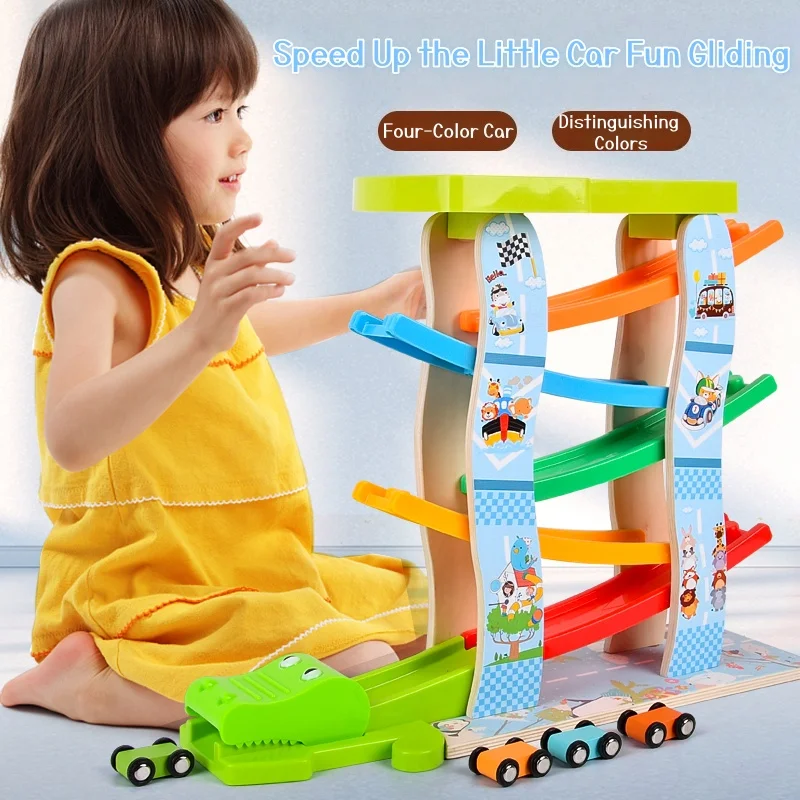 컬러풀 슬라이드 장난감: 카트가 트랙을 미끄러져 다가오며, 색깔을 분류하면서 물건을 운반합니다. 아이들은 언덕을 미끄러지면서 즐겁게 놀아요!