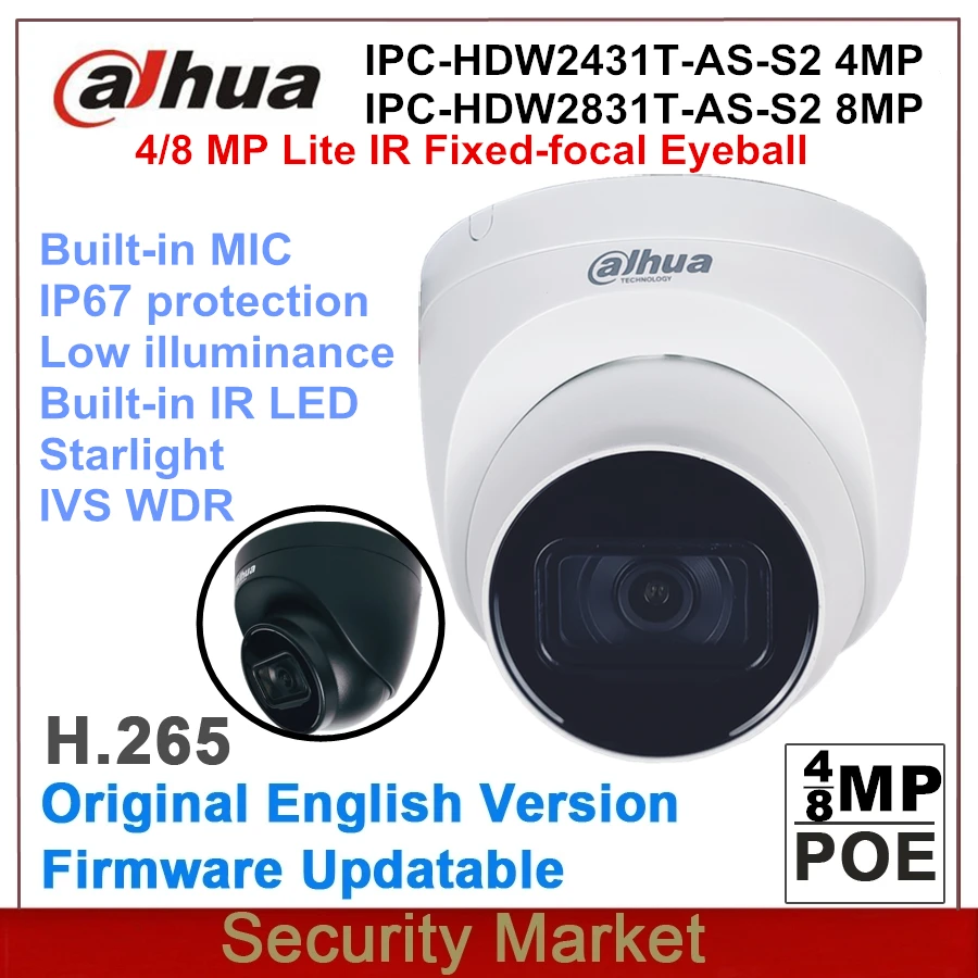 Original IP Dahua 4MP IPC-HDW2431T-AS-S2 And 8MP IPC-HDW2831T-AS WDR POE IR Eyeball Network Camera Built-In Mic