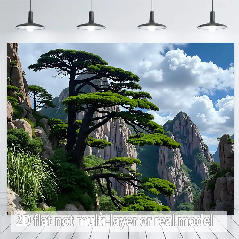 Plano 2D - Plano 2D - Un banner plano 2D de un solo color, con un árbol de pino alto en la imagen.