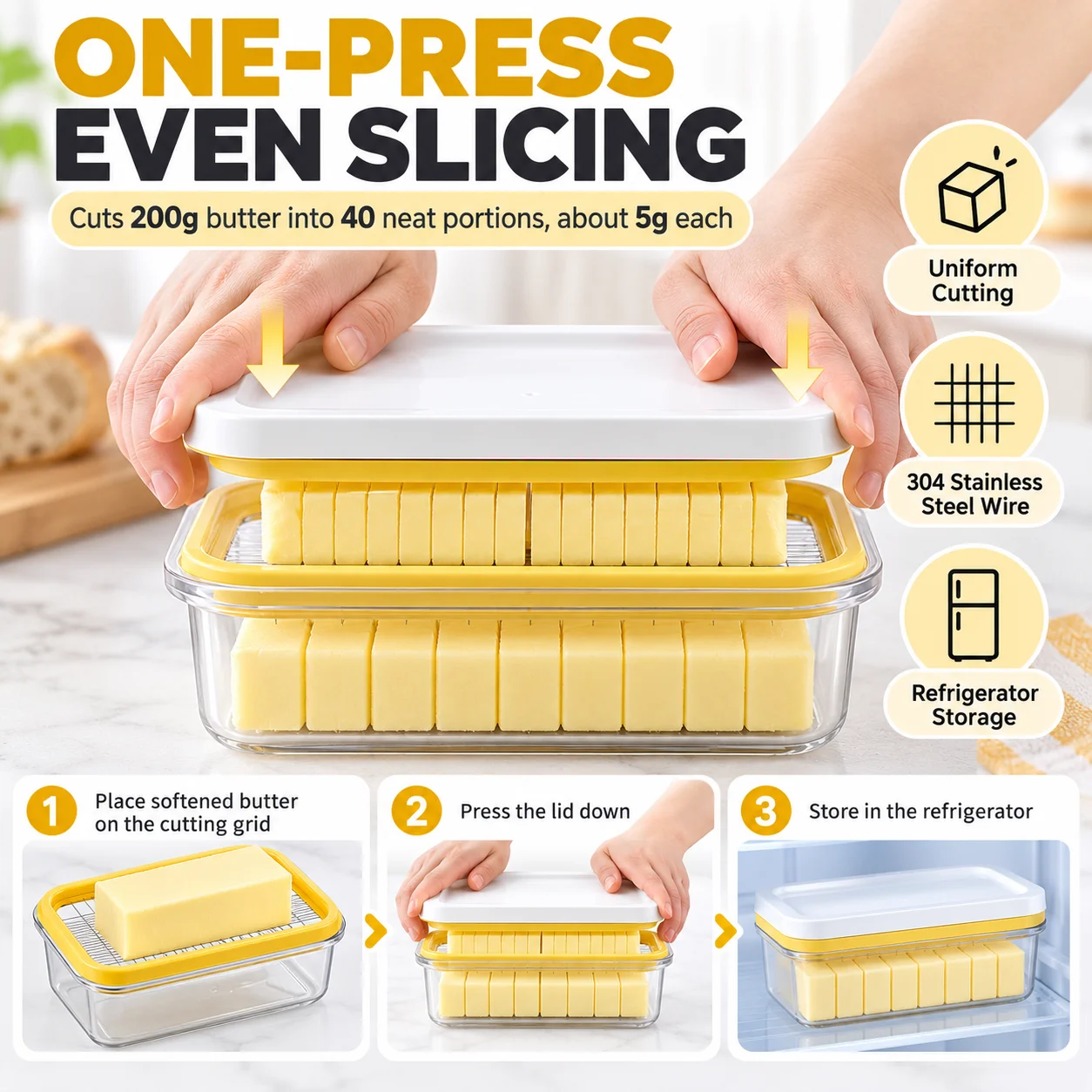 Uwhise Stainless Steel Butter Slicer Cutting Box Transparent Cheese Storage Keeper Uniform Portions For Fridge Kitchen Tool