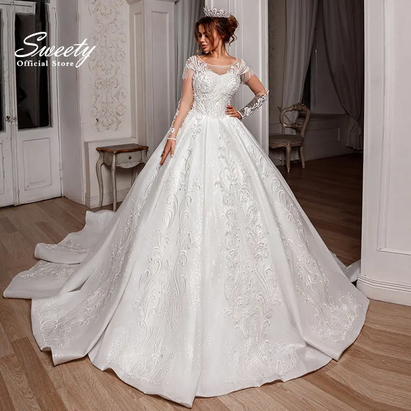 Luxury Wedding Dress Embroidered Lace On Net With Princess Ball Gown Elegant O-neck Sleeveless Bride Dress Lace Up Vestido De No