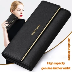 Portefeuille en cuir véritable de grande capacité pour femme, long porte-cartes multifonctionnel, pochette à la mode, design de luxe, nouveau