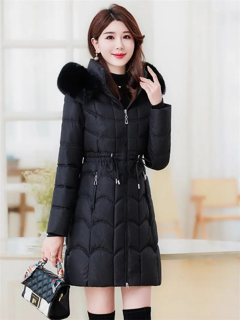 Cotton Jacket Women's Medium Long 2024 New Fashion Slim Versatile Thickened Big Wool Fur Collar Winter Coat Elegant Parkas a568