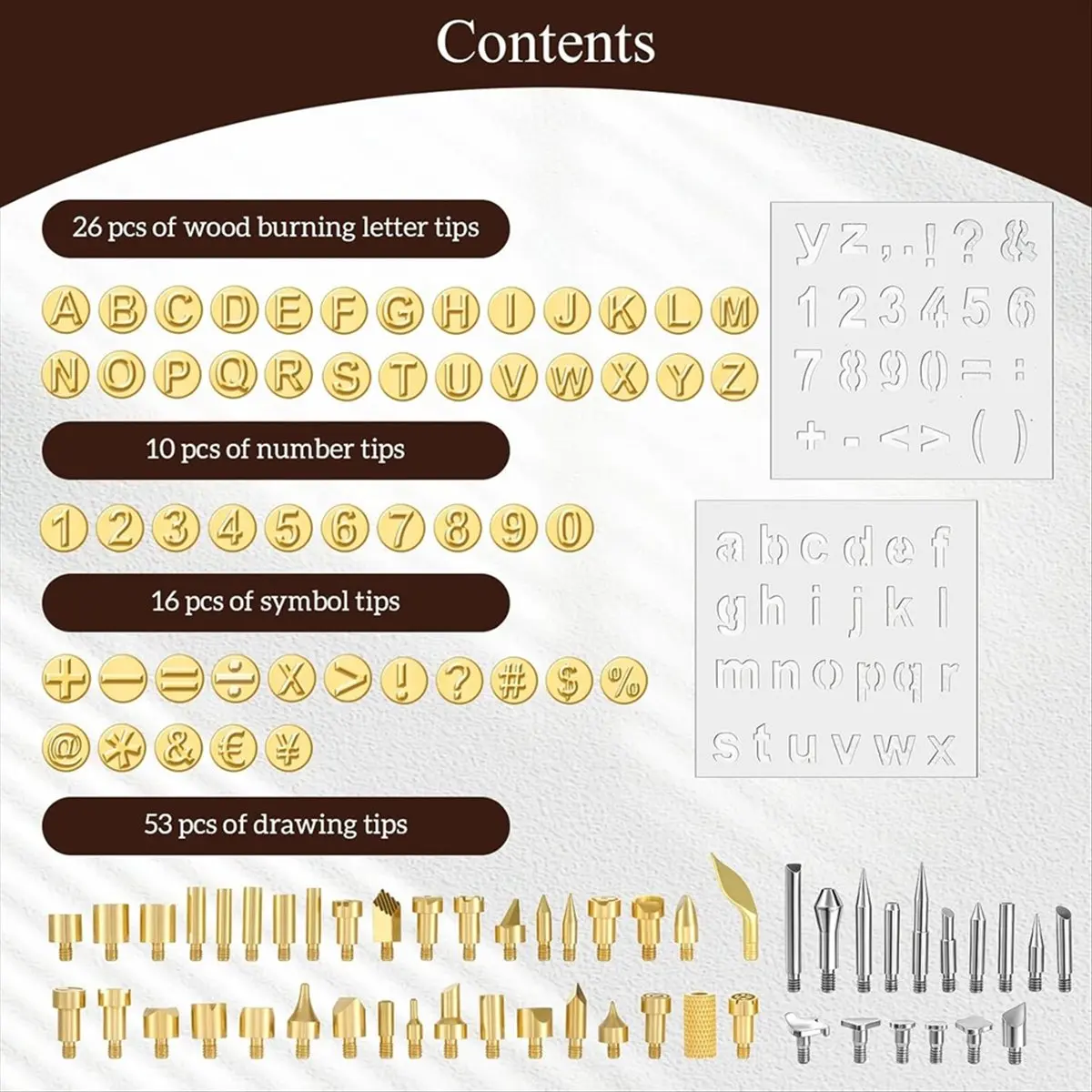 新しい105個のウッドバーニングチップ文字セット、文字、数字、記号、アルファベットテンプレートを含む、ウッドバーナーdiyエンボス加工用