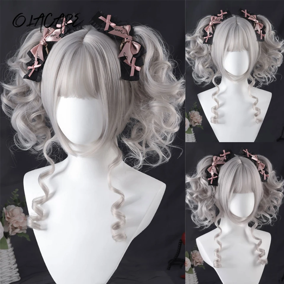 OLACARE Synthetic Orange Wig For Women With Long Curly Bangs And Large Waves Chemical Fiber Synthetic Wig Full Head Cover