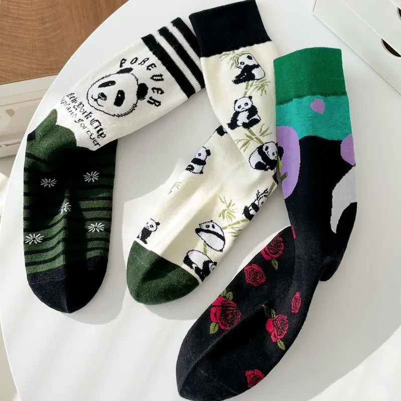 Cartoon Green Panda Cotton Socks Ins Trendy Girls Mid Tube Socks Fashion Funny Kawaii Skateboard Woman Socks New