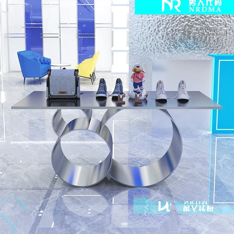 Stainless steel brushed display table Shopping mall women's clothing store display table Shoe and bag display table