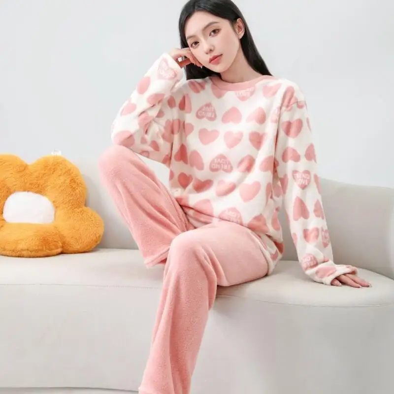 

Coral Fleece Pajamas Girl Autumn Winter Sweet Nightwear Set Keep Warm Comfortable Cute Homewear Thicken Printing Woman Sleepwear