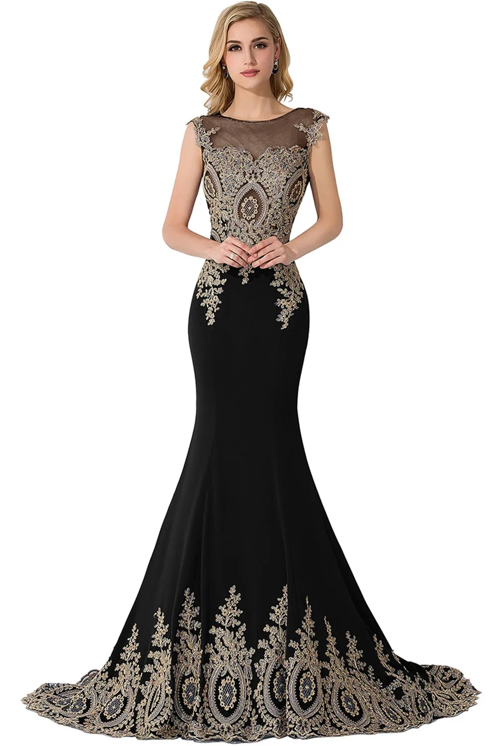 

Women Black Mermaid Beaded Prom Dresses Luxury Lace Embroidery Illusion Neck Evening Formal Party Gowns Long CPS234