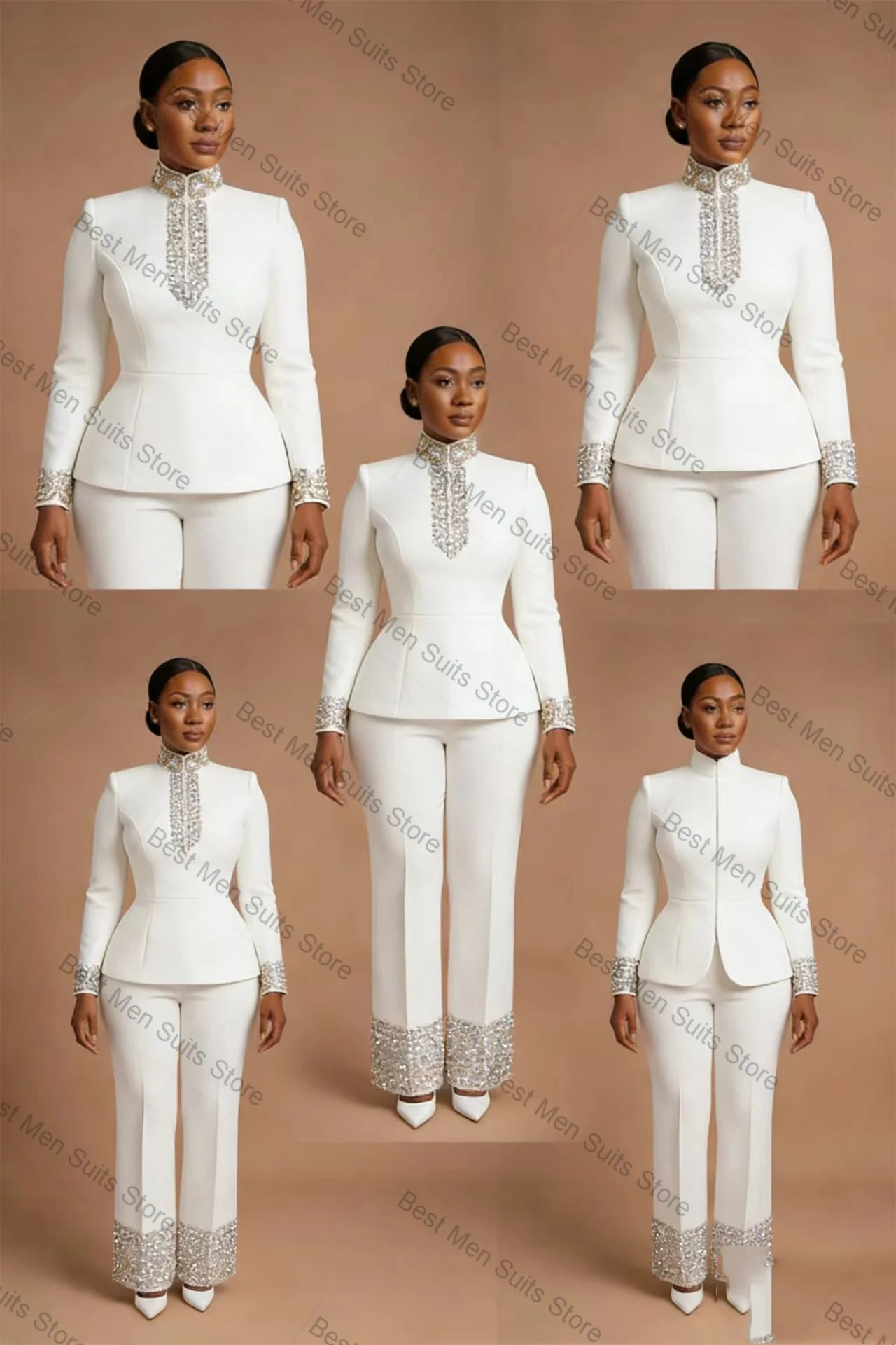 

Белый женский костюм-двойка: пиджак и брюки с кристаллами, хлопок, весенний, для офиса, на заказ, для гостей на свадьбу
