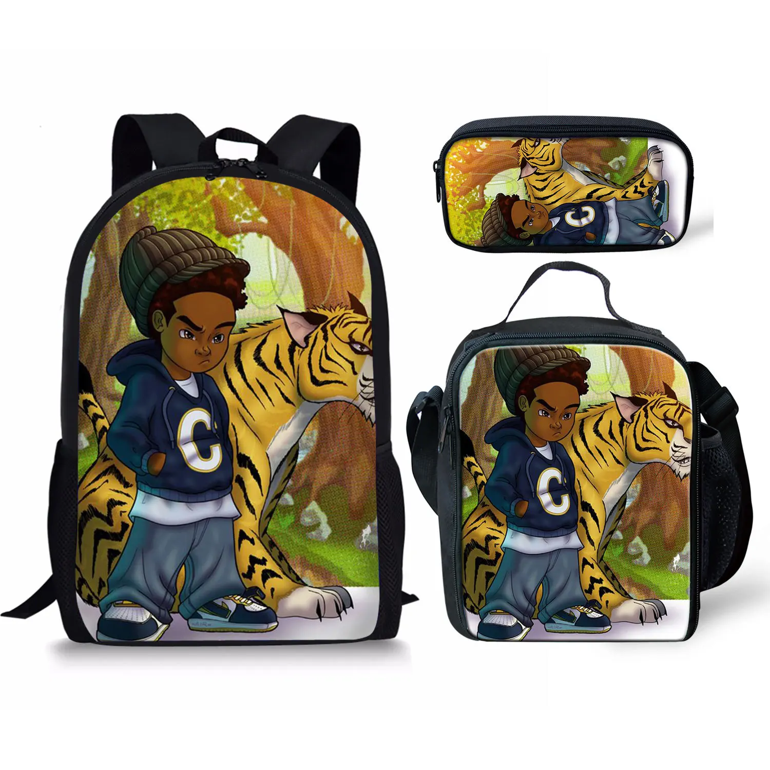 Hip Hop Youth black African boy 3D Print 3 pcs/Set, bolsas de viaje para estudiantes, mochila para portátil, bolsa de almuerzo, estuche para lápices