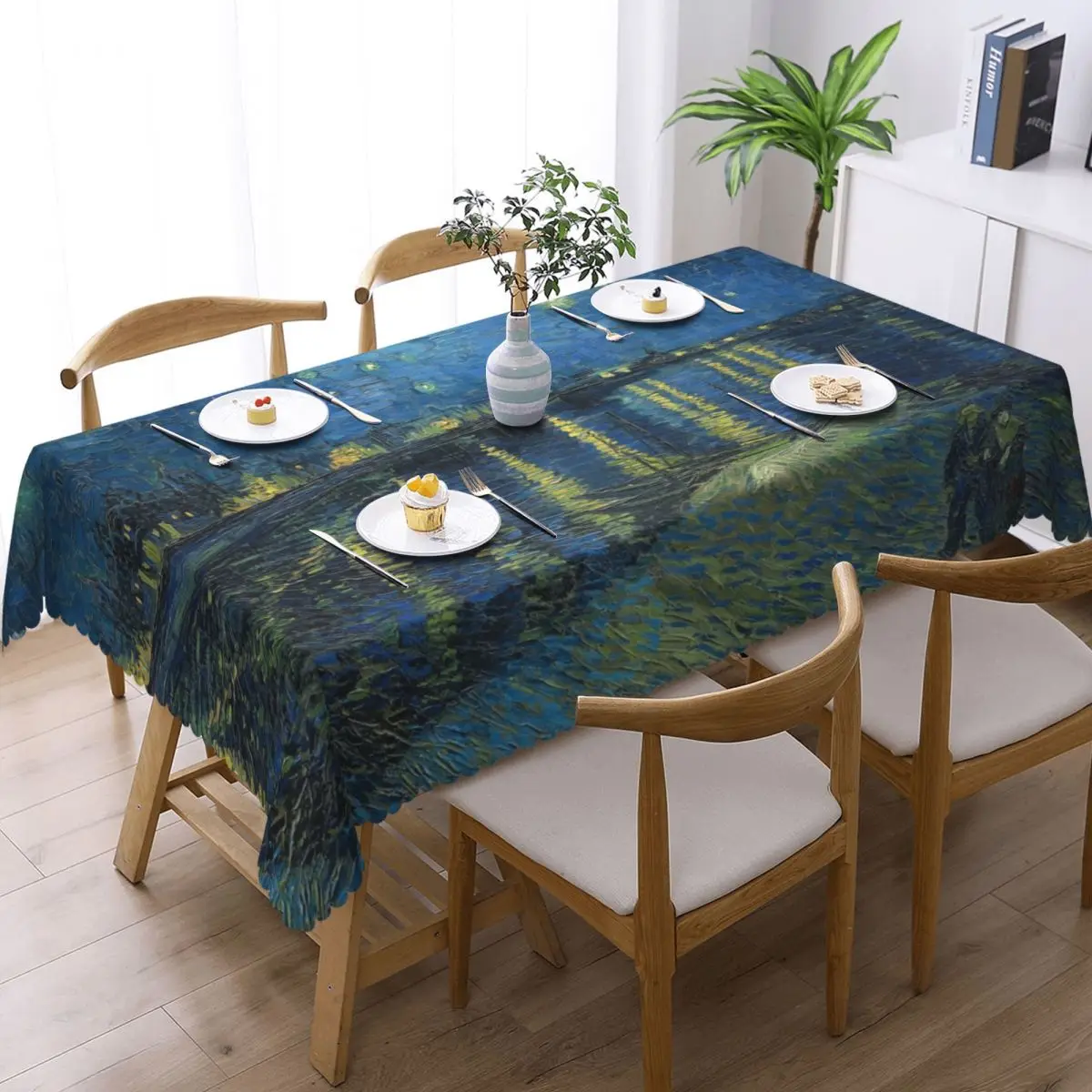 Custom Starry Night Over The Rhone Rectangular Tablecloth Oilproof Table Cloth Vincent Van Gogh Table Cover