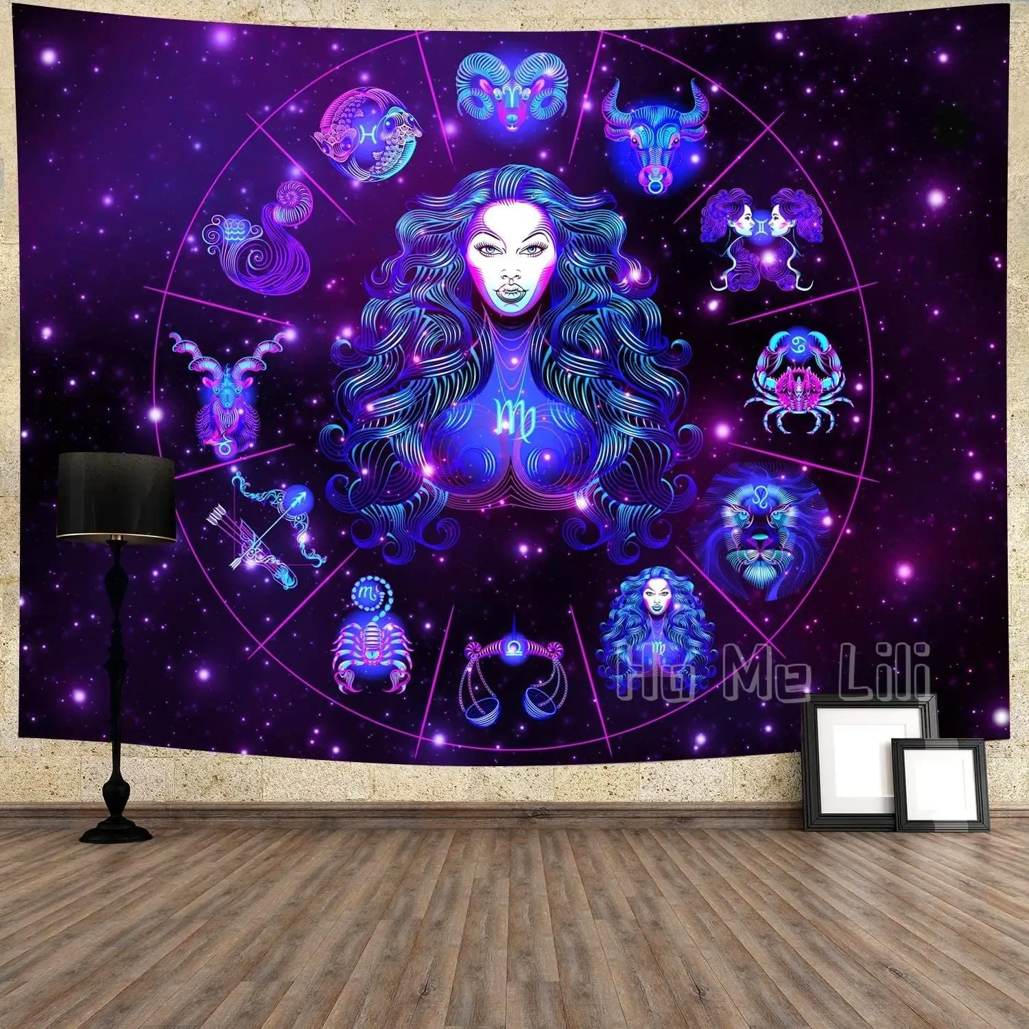 Virgo Tapestry One of the Twelve Signs Purple Stars Universe Wall Hanging for Bedroom Living Room Dorm