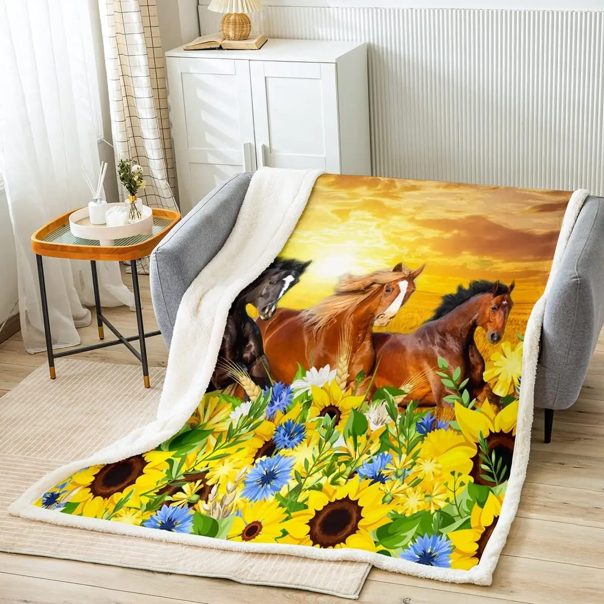 

Horse Print Kids Throw Blanket,Sunflowers Crops Rustic Cabin Bed Blanket for Boys Girls Adults,Farmhouse Animals Fleece