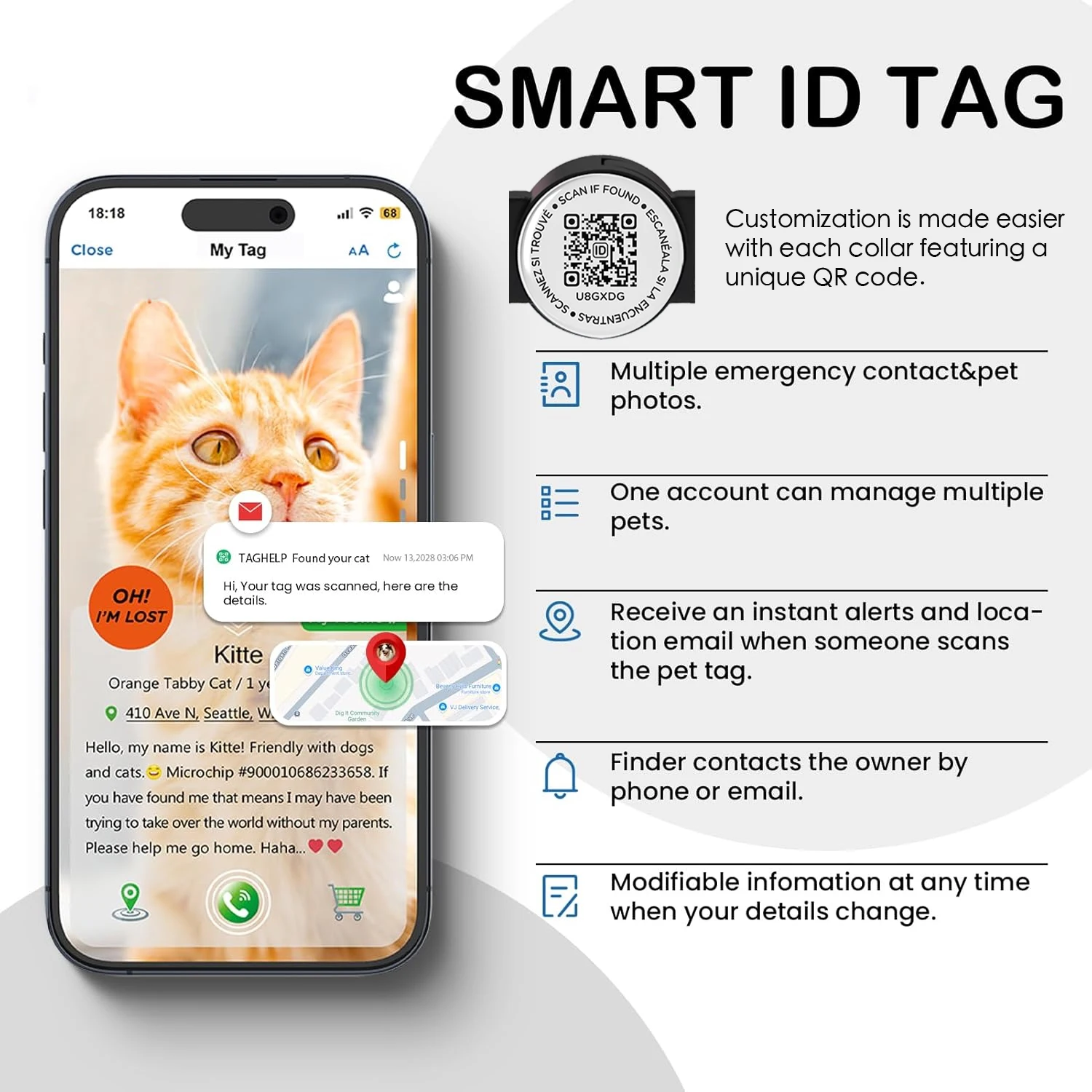 Cute Cat Collar with Airtag Holder for Apple Air Tag, Silicone GPS Tracker Holder, Glow Pet Collar with Bell & Pet QR Name Tag