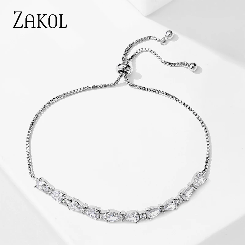 ZAKOL Simple Water Drop Zirconia Adjustable Bracelets for Women Fashion Wedding Party Anniversary Jewelry Gifts BP1021