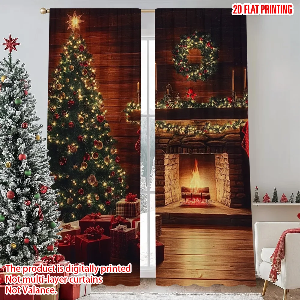 

2pcs 2D flat printing Merry Christmas Curtains Fireplace and Christmas tree Machine Washable Polyester Without Electricity