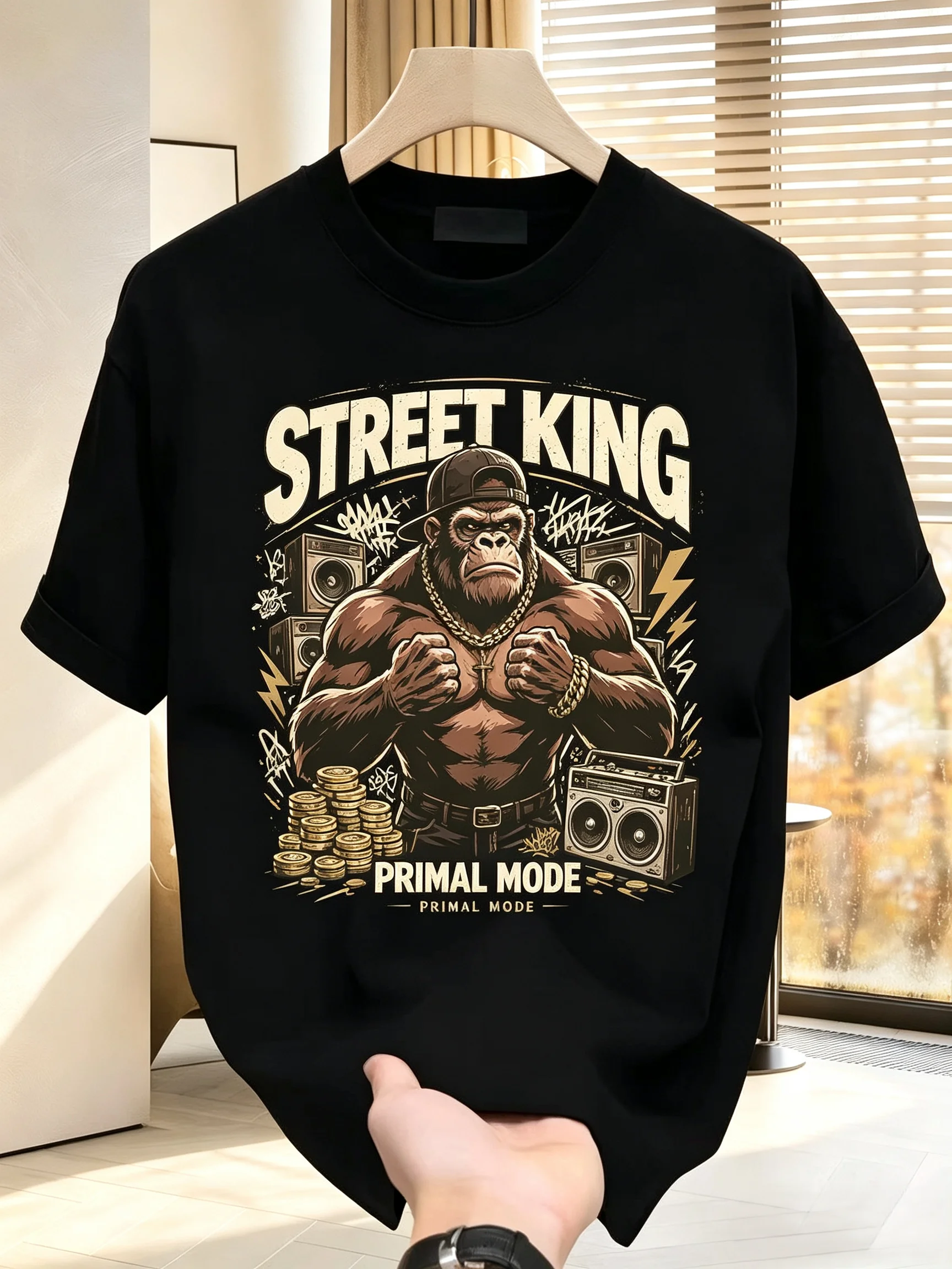 Unisex STREET KING Hip Hop Gorilla Boombox Gold Coins Graphic T Shirt Men Women Retro Urban Streetwear Short Sleeve Black Casual Tee