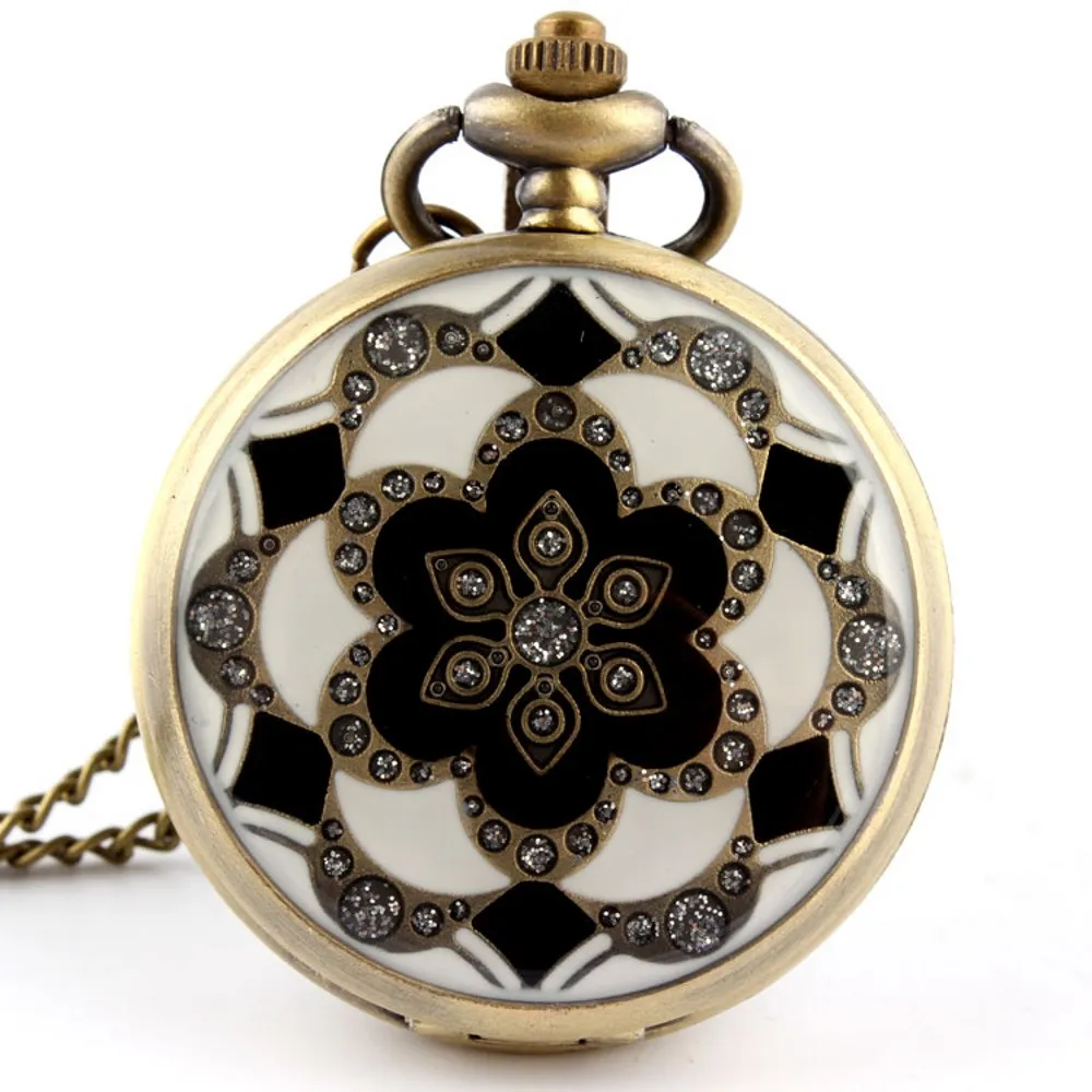 Retro Ladies Quartz Movement Pocket Watch Green White Fashion Pattern with Rhinestone Case Arabic Numeral Dial Men's Clock Gift