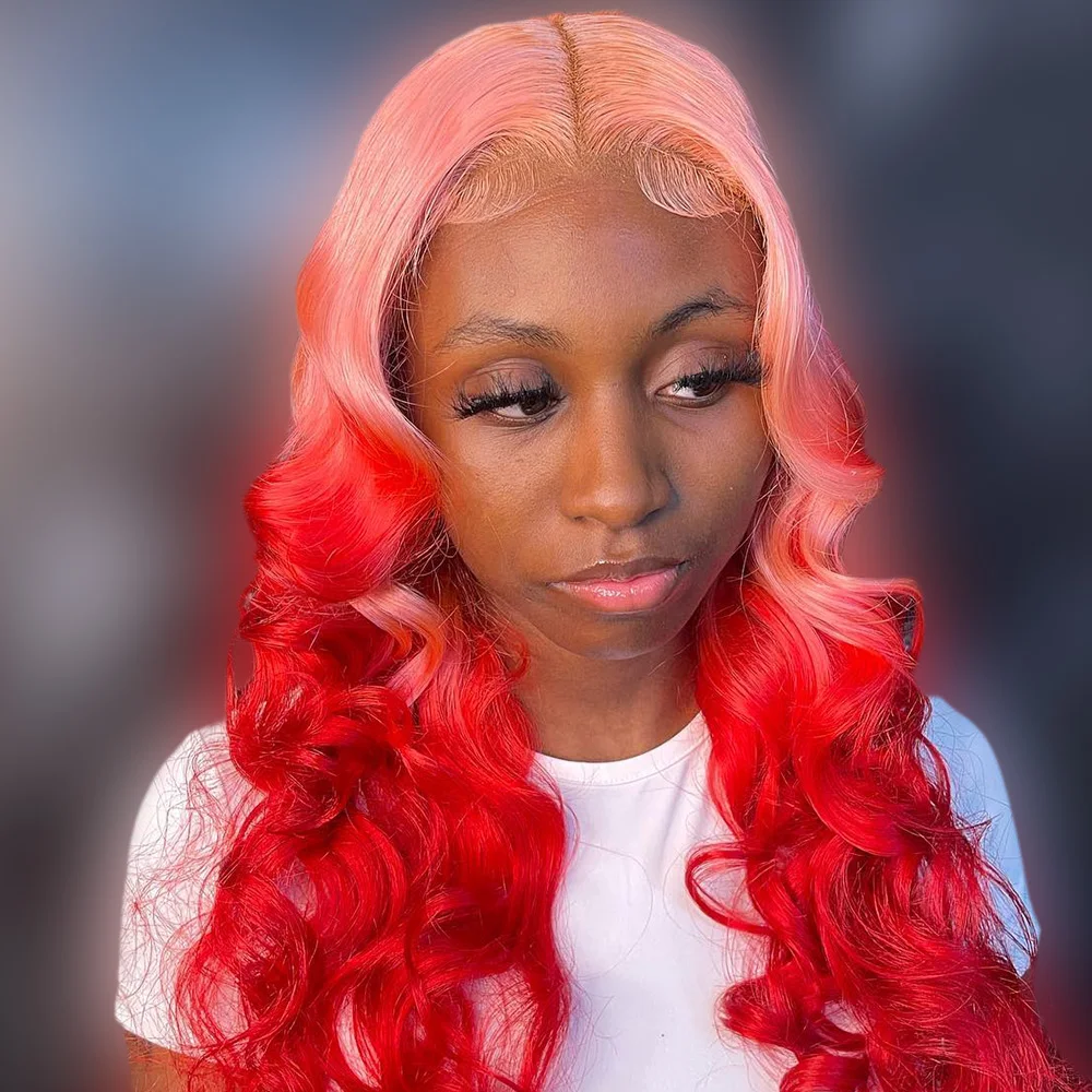 

Pink/Red 13x6 13x4 HD Transparent Lace Front Wigs 100% Human Hair Pre Plucked Body Wave Human Hair Wigs For Women 250% Density