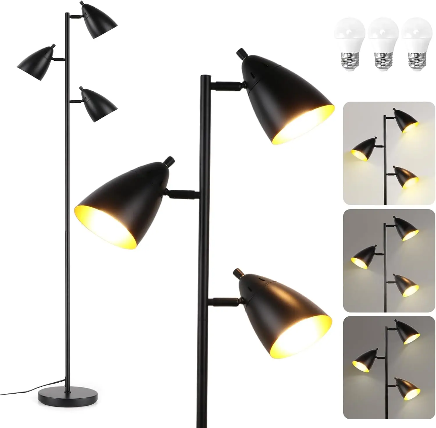 

Industrial 3-Light Standing Lamp with Adjustable Heads, Rustic Floor Lamp for Living Room Bedroom Office, Black