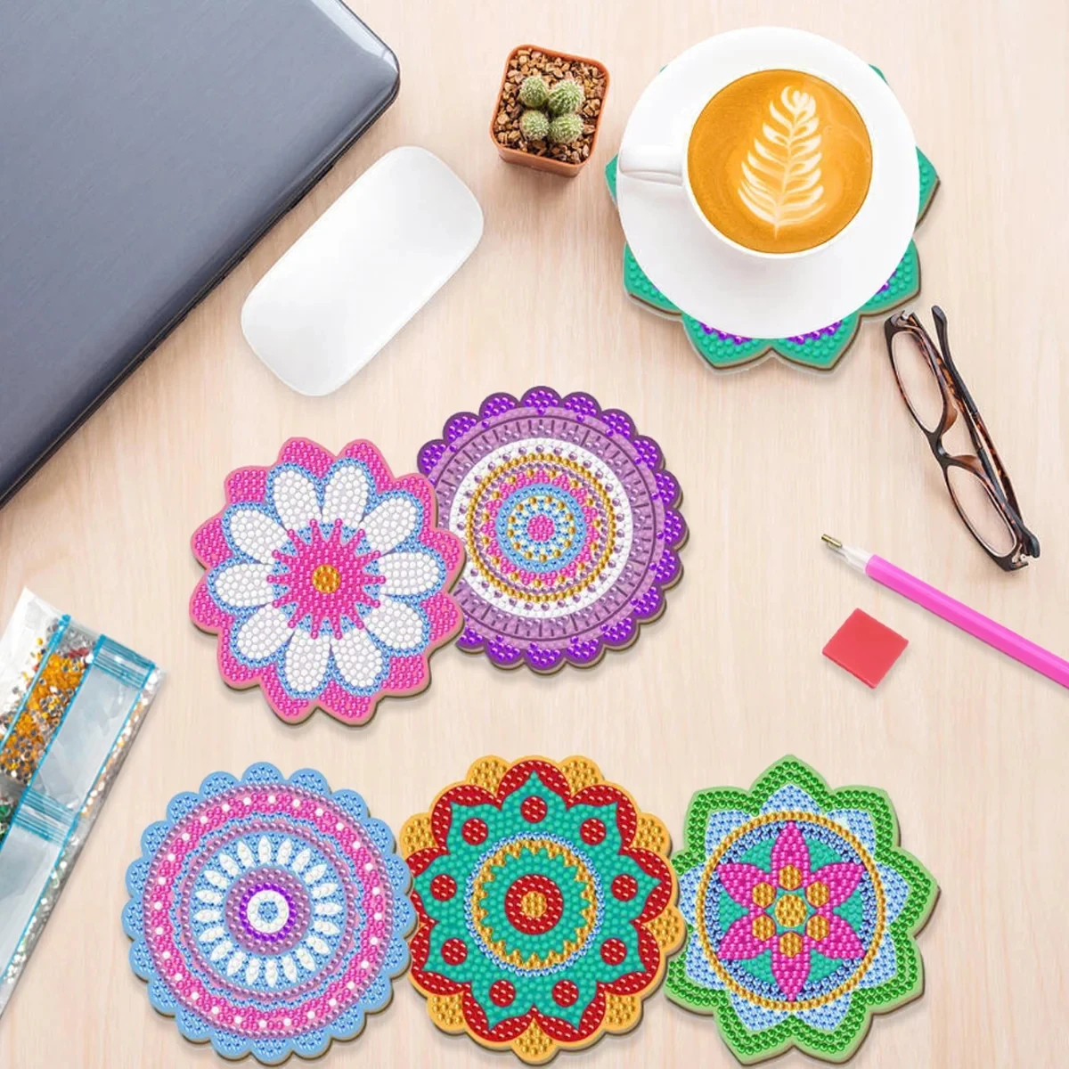 

GATYZTORY 6pcs Coasters with Holder Mandala DIY Diamond Art Crafts for Adults, Small Diamond Painting Kits Accessories