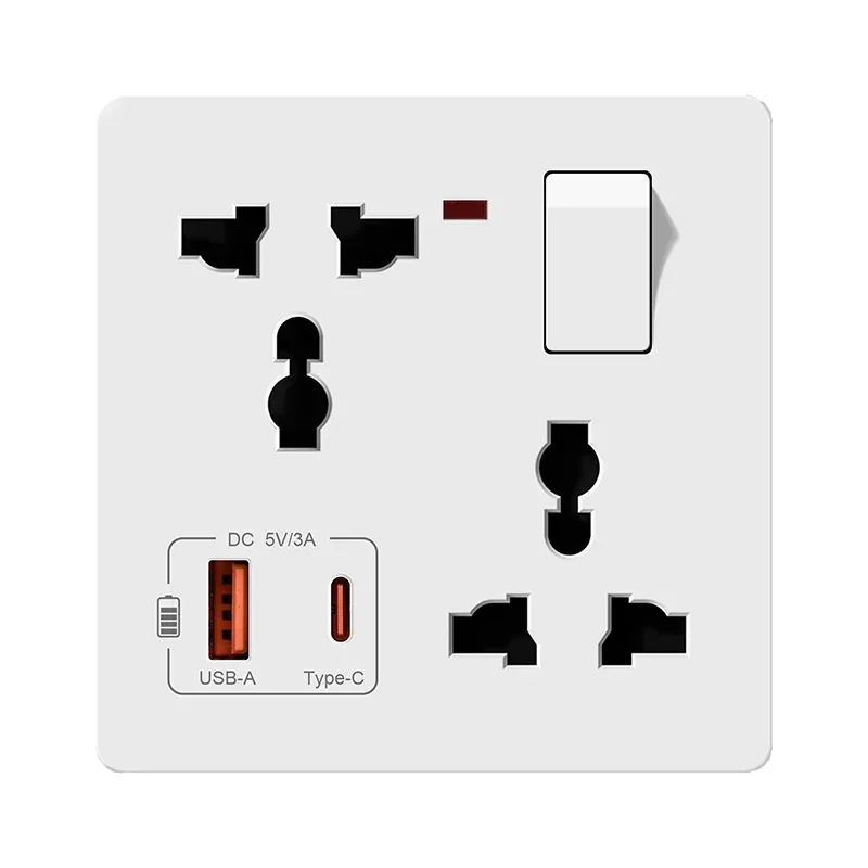 86 Type Wall Multifunctional 1Gang6 Six-Hole Socket With Switch Control USB+Type-C Port Fast Charging Socket Panel