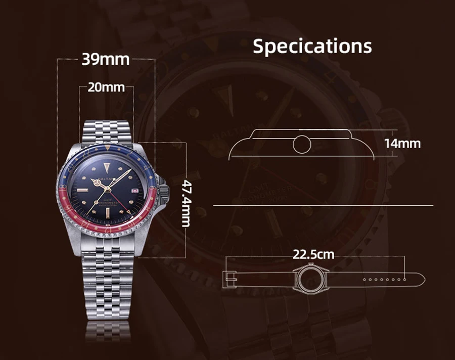 Baltany Men Automatic Watch 39mm GMT Mechanical Wristwatch Military Sapphire Bezel Diving 20Bar Waterproof C3 Luminous NH34