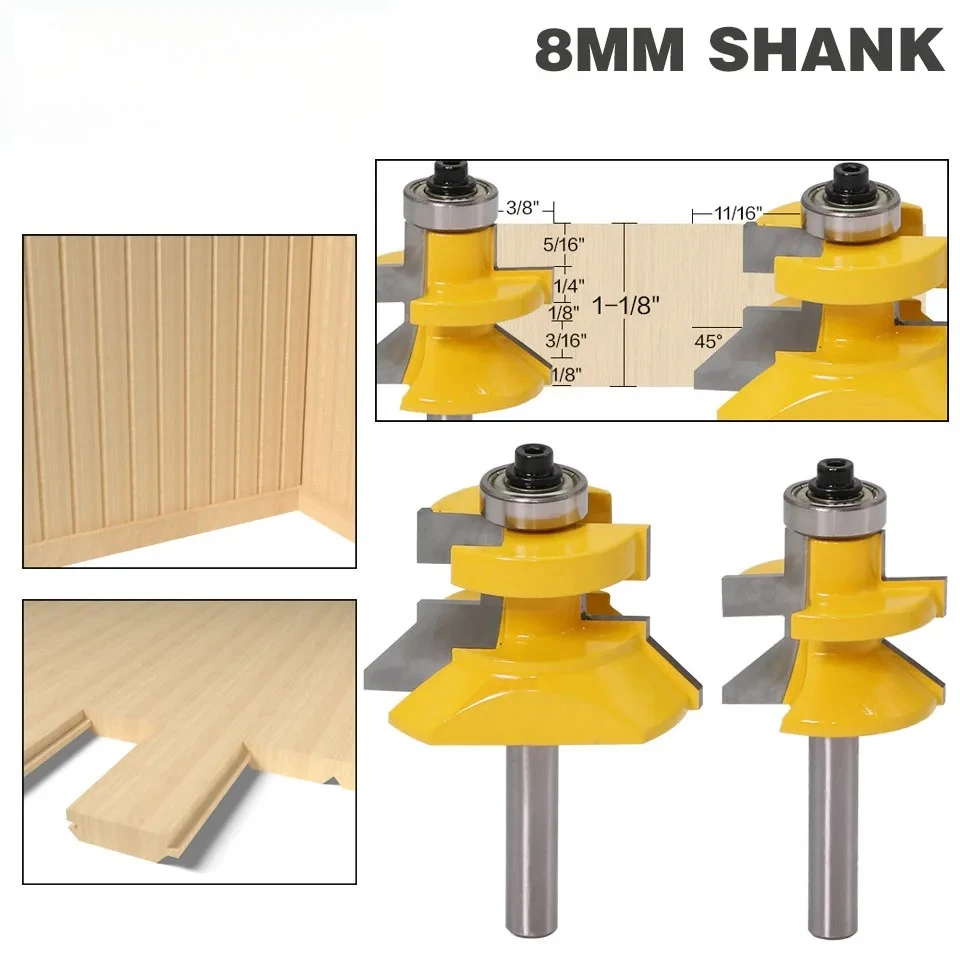 

2pc8mm" Shank V Groove & Matched Tongue Router Bit Set w/ premium ball bearings Woodworking cutte