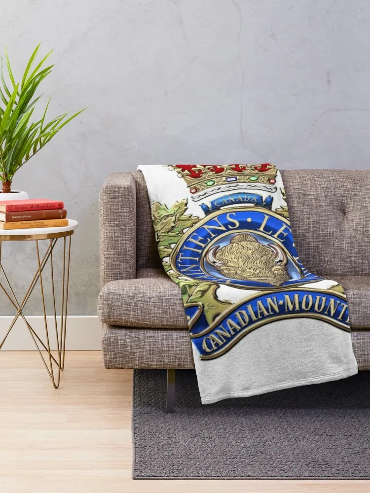 Royal Canadian Mounted Police - RCMP Badge over White Leather Throw Blanket Comforter Blanket For Sofa Thin