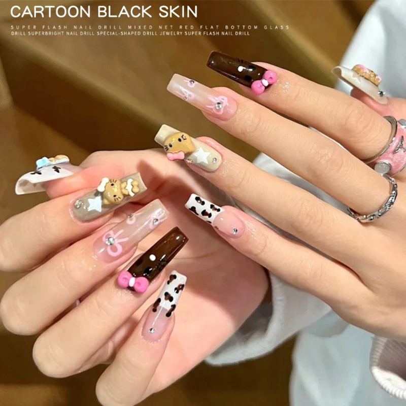 Sanrio-Resina Múltiplo Estilo Cartoon Cat Nail Art Decorações, DIY Manicure Artesanato, Encantos Praia do Verão, Pele Negra, 10pcs