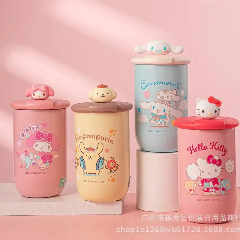 New Sanrio Cinnamoroll My Melody Hello Kitty Cartoon Cute Thermos Cup Rotating Lid Coffee Cup 3D Doll Water Cup Couple Cup