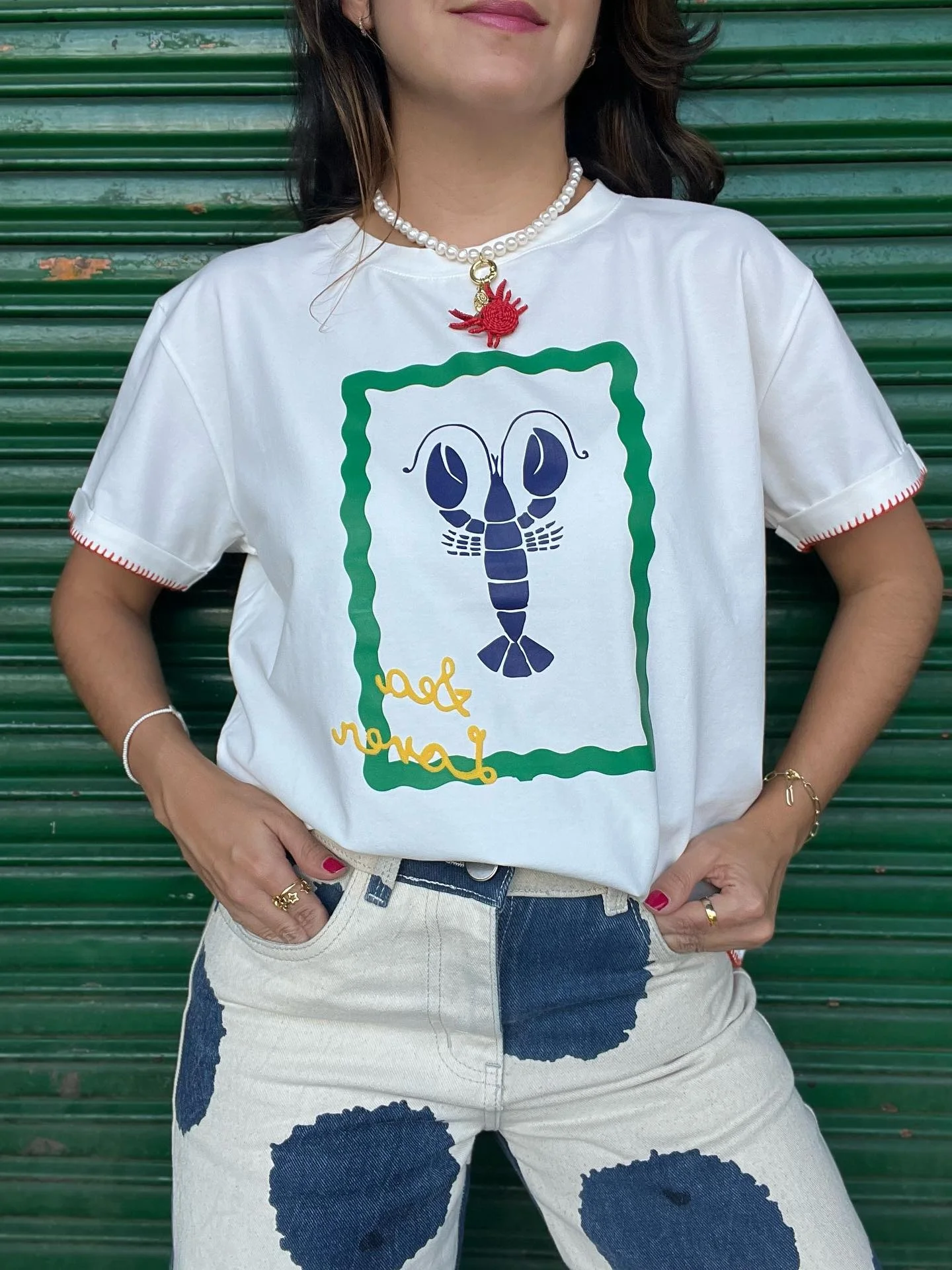 Retro American Vintage Summer Beach Lobster Print Spicy Girl Loose Pure Cotton Casual Short Sleeve T-Shirt for Women