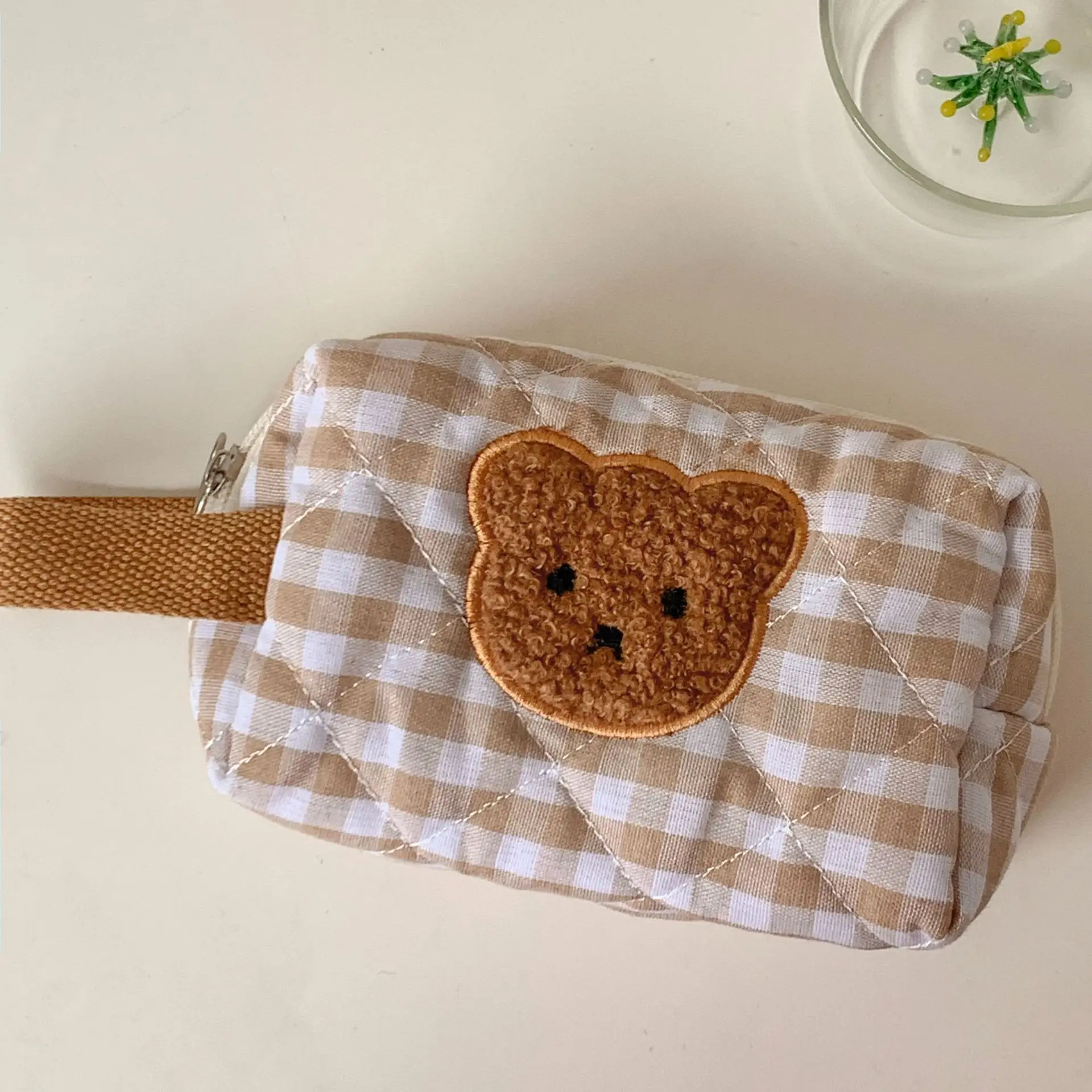 Cute Cartoon Bear Ladies Storage Bags Simple Plaid Female Clutch Purse Handbags Soft Fabric Women\'s Cosmetic Bag Make Up Case