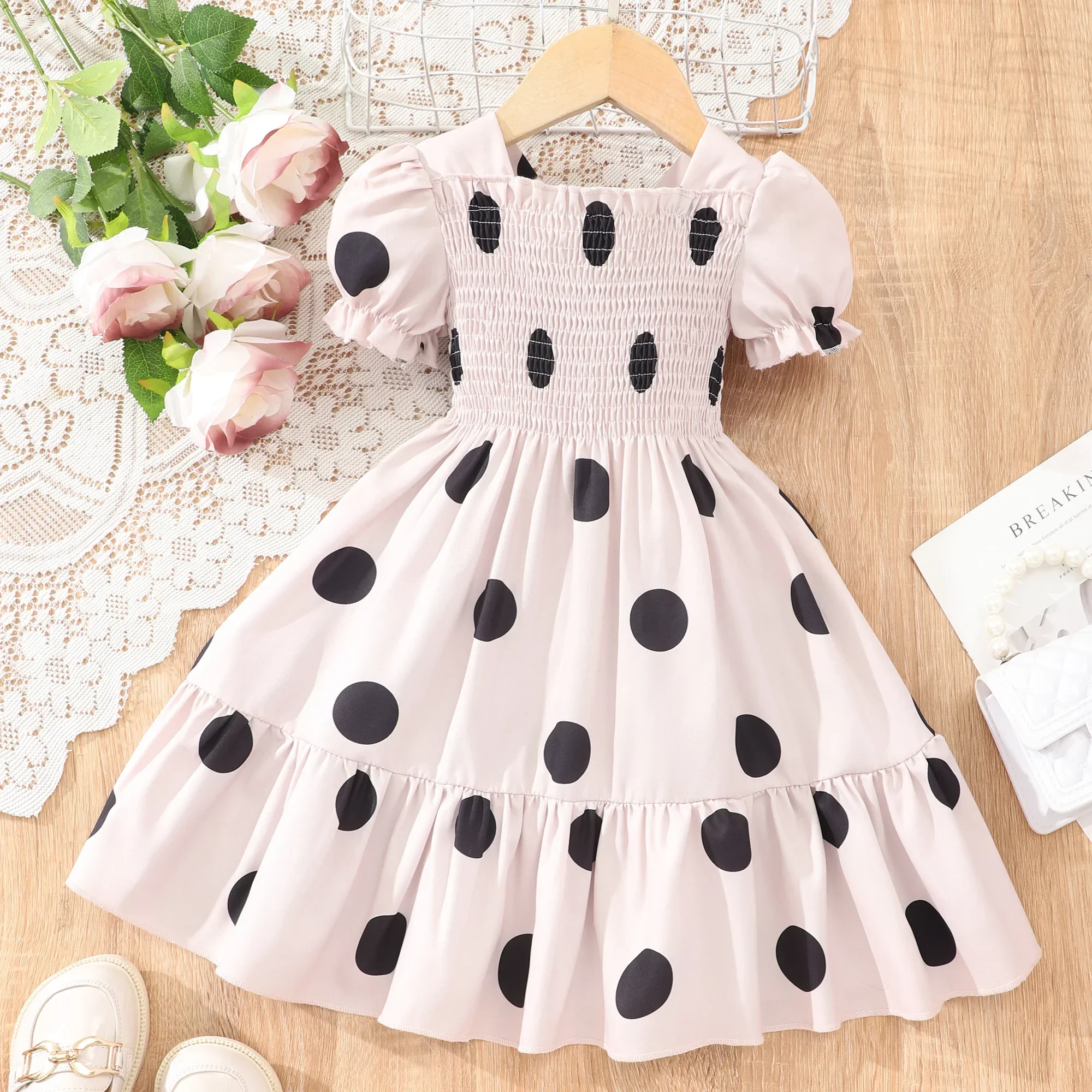 Baby Girls Summer Dress Elegant Princess Dresses 3 4 5 6 7 8 Years Old Short Sleeve Square Neck Round Dot