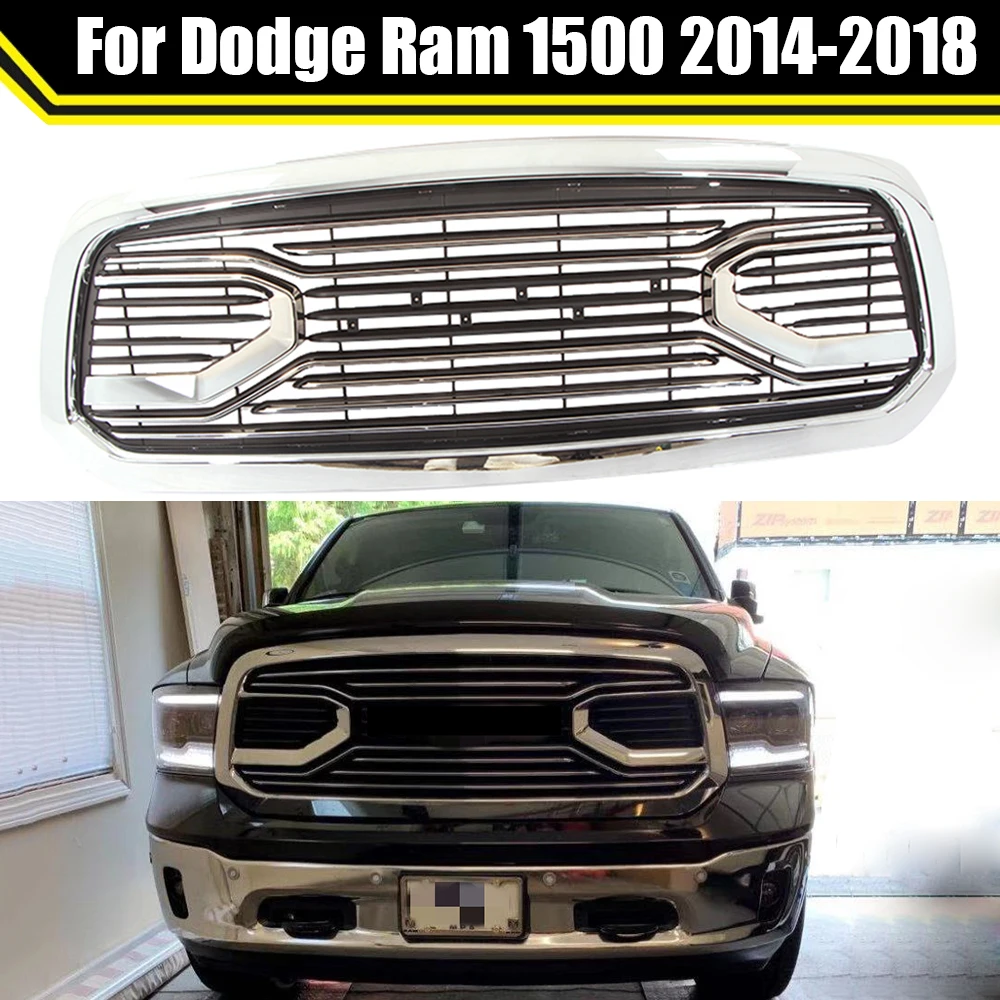 

Pickup Truck Car Middle Front Bumper Grill Hood Upper Grille Shell For Dodge Ram 1500 2014-2018 Chrome ABS Racing Mesh Grille