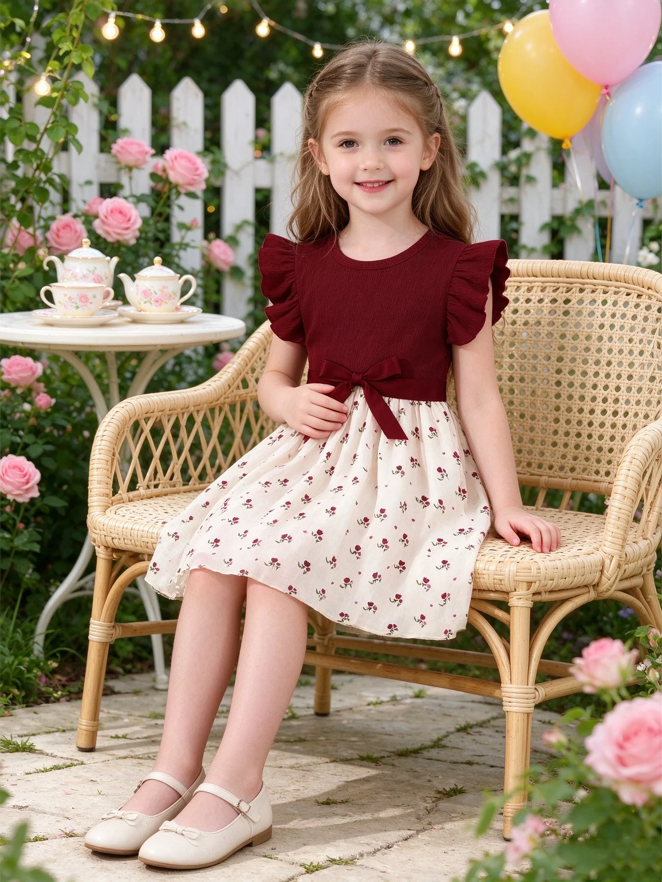 Girls Wine Red Ruffle Short Sleeve Floral Print Dress Bow Belt Waist Soft A Line Midi Casual Summer Party Trendy Y2K Fashionable