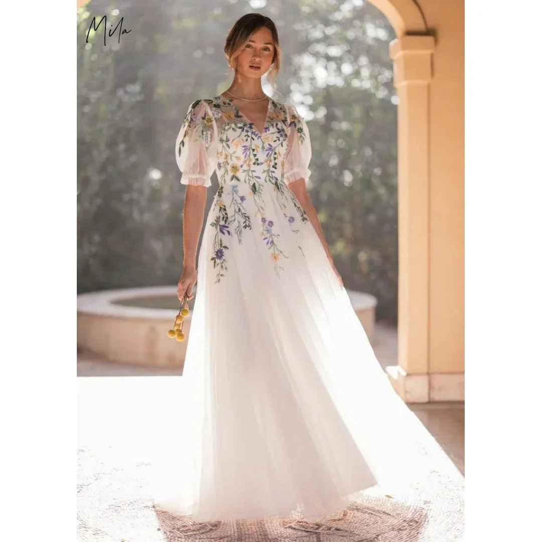 

Mila White V-Neck Sheer Puff Sleeve Floral Embroidery Customized Formal Evening Floor-Length Gown vestidos de gala Elegant 2025