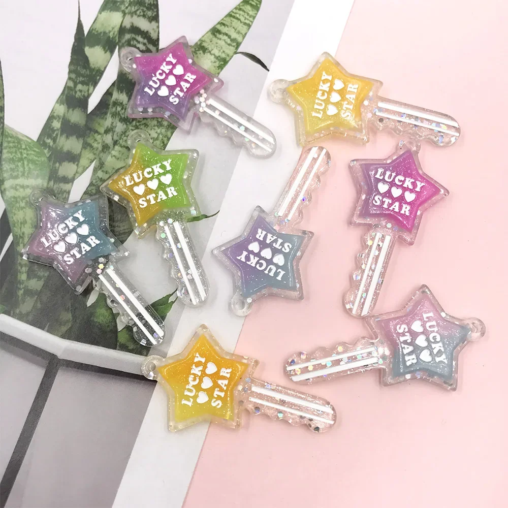 10Pcs Glitter Heart Star Keys Charms Pendants Flat back Resin Cabochon for Necklace Earring Key Ring Jewelry Making Accessories