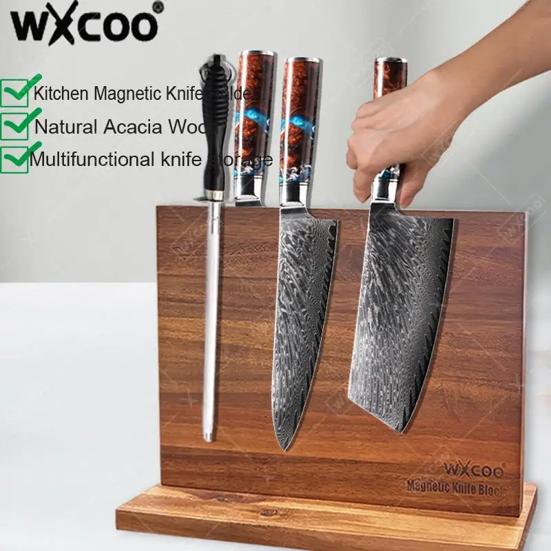 Suporte magnético multifuncional para faca, bloco de faca de cozinha, armazenamento com suporte magnético forte aprimorado para casa, madeira de acácia