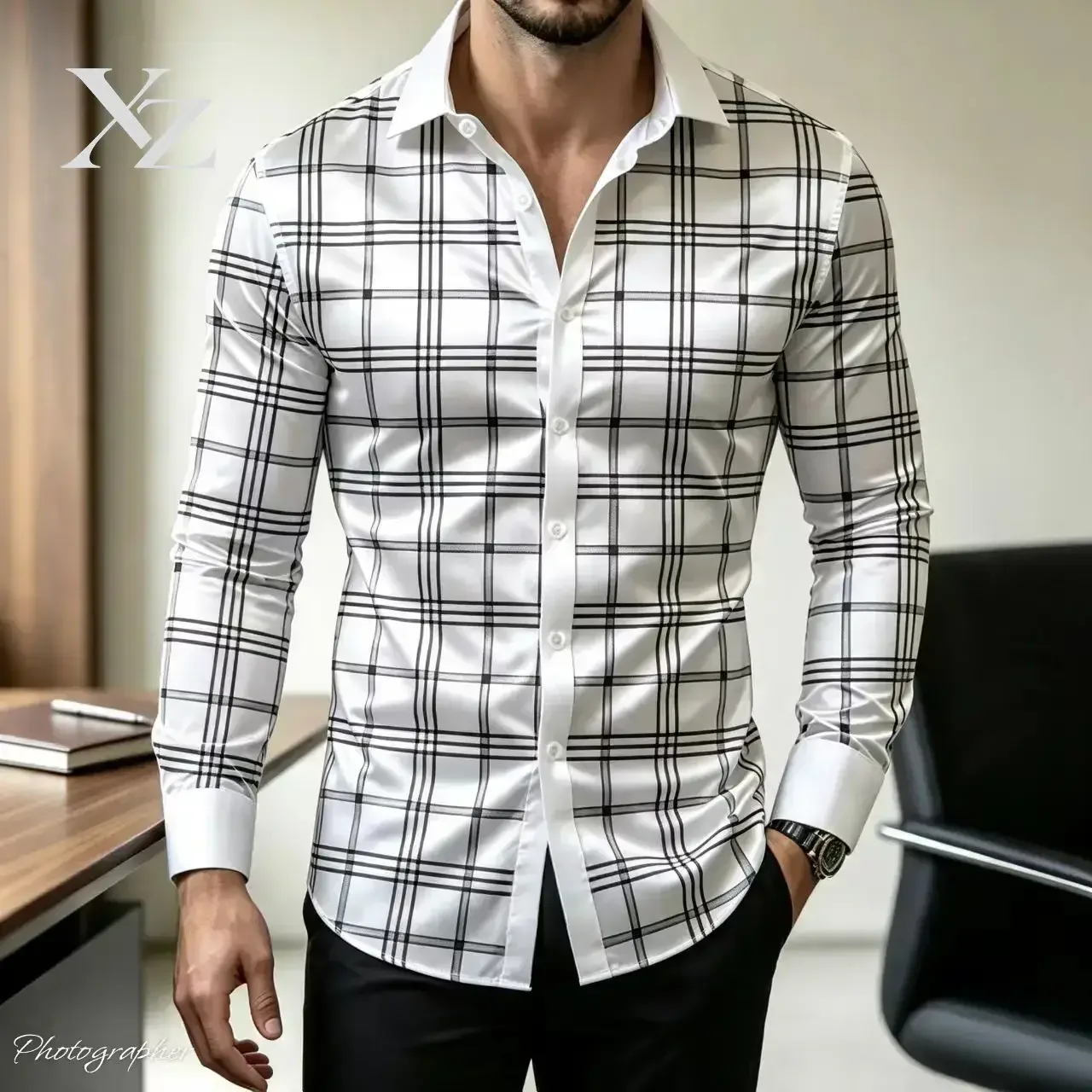 Hot Sale Men's Slim Fit Long Sleeve Plaid Dress Shirt with Contrast Collar Luxury Satin Checkered Button Down Business Casual