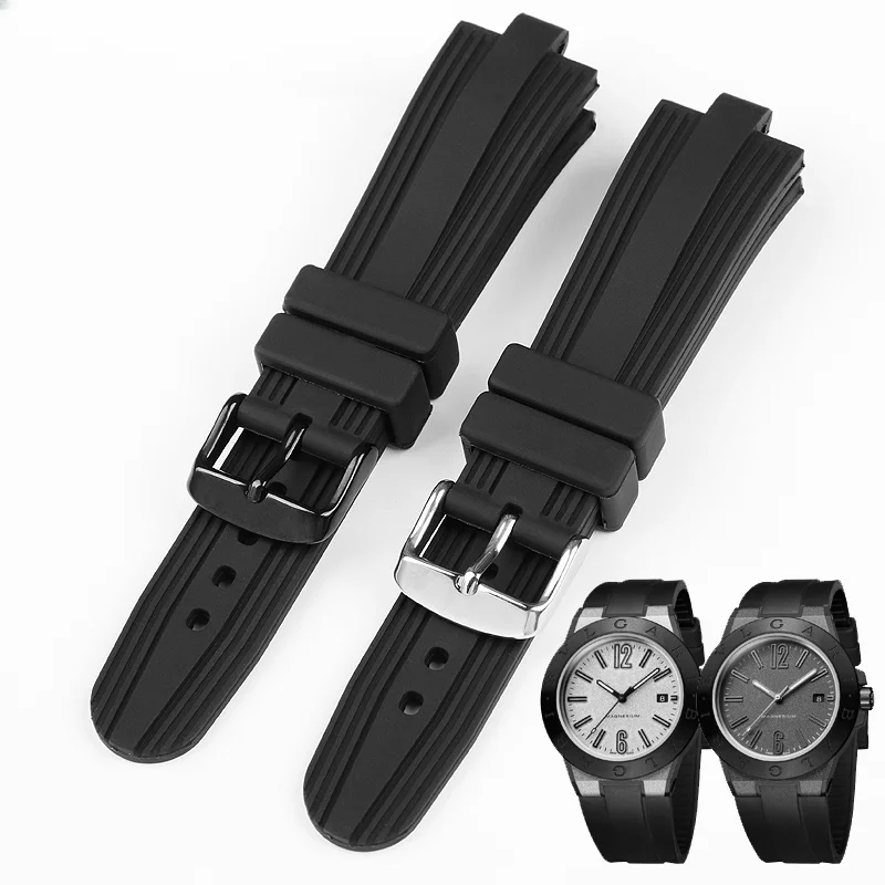 For  Bvlgari Convex Waterproof  Silicone Watch Strap  Black Rubber Needle Buckle Bracelet Watch Accessories 22x8mm 24x8mm