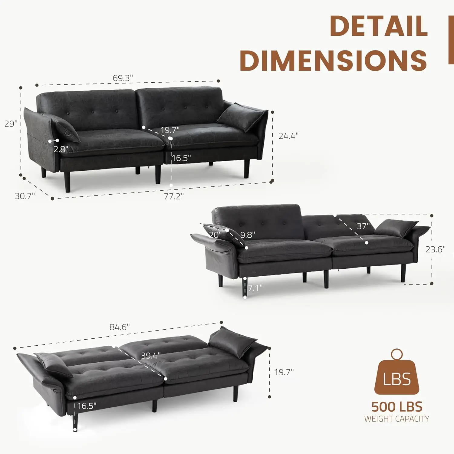 Convertible Futon Sofa Bed, Faux Leather Upholstery, Living Room & Guest Room, Twin Size, Customized