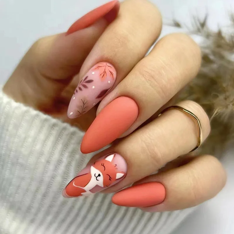 24 Pcs Press on Nails Cute Squirrel Falling Leaves Fall and Winter Rustic Style Press on Nails Set Mid-length Long Almonds Sweet