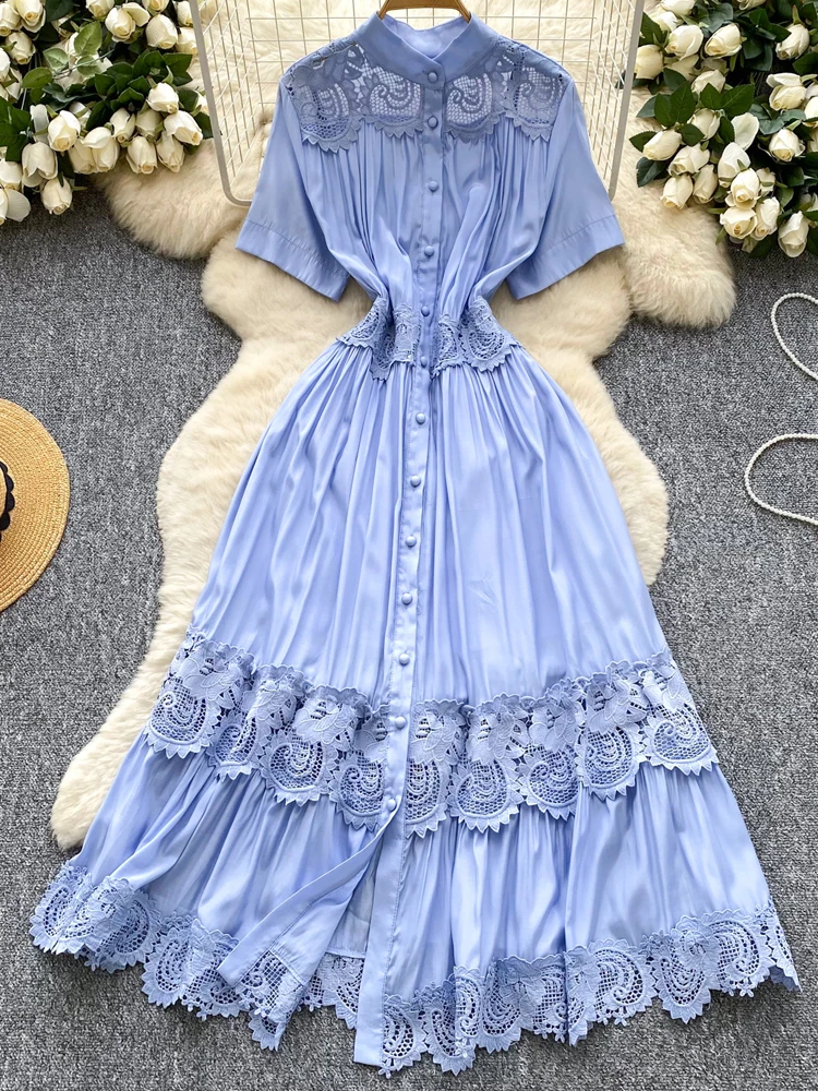 Fashion Hollow Out Lace Shirt Jurk Vrouwen 2025 Zomer Luxe Korte Mouw Vouw Midi Jurken Lady Vestidos Strand Inkeo 5D202