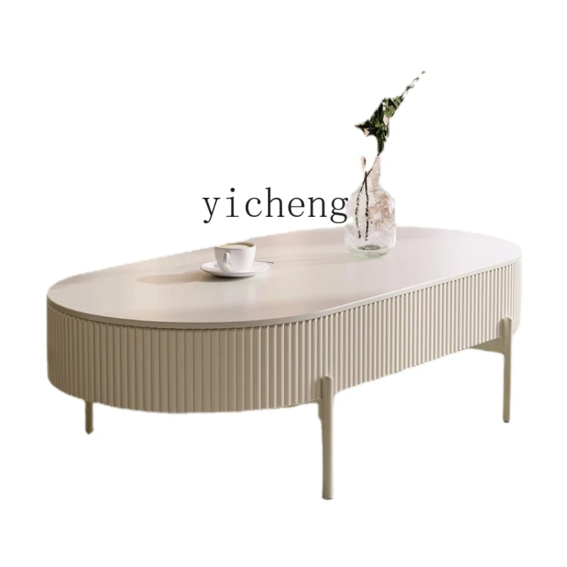 

ZC French Cream Style Household Small Apartment Living Room Oval Stone Plate Coffee Table with Drawer Tea Table