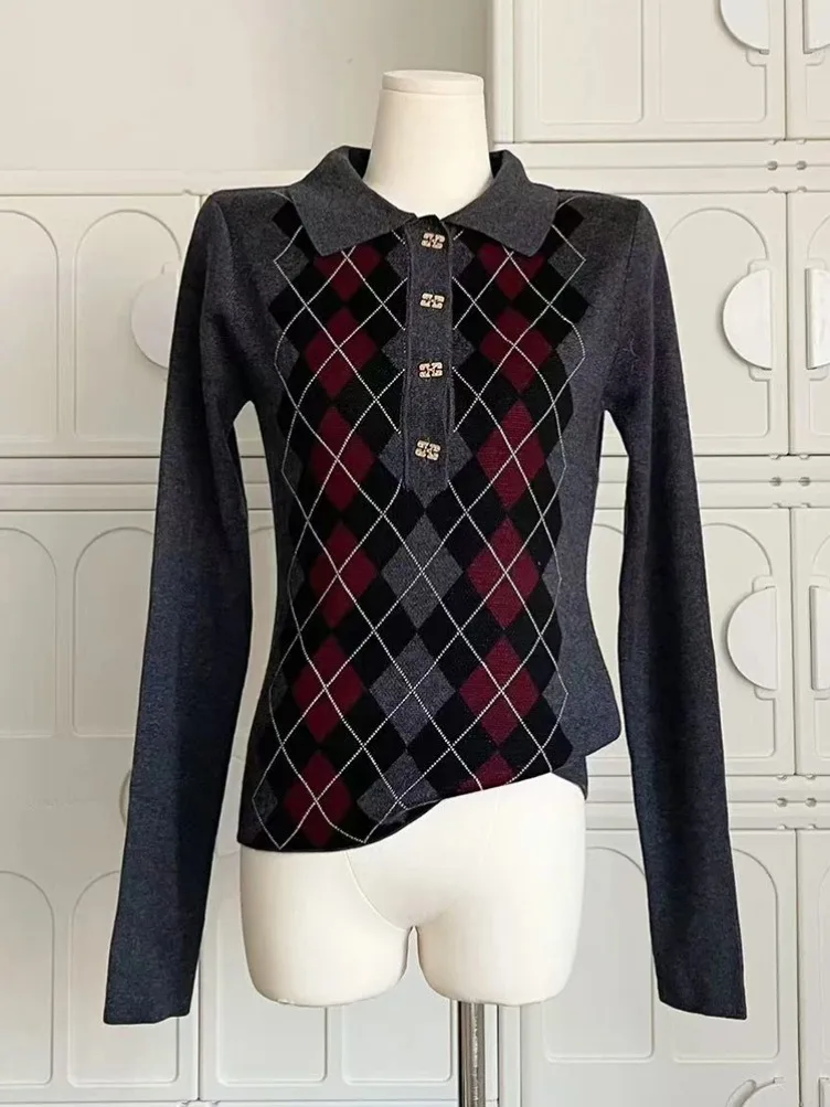 الشتاء النساء بولو طوق الماس تحقق سترة طويلة الأكمام 2000S الجمالية محبوب تريكو المال القديم خمر أنيقة أنيقة #3