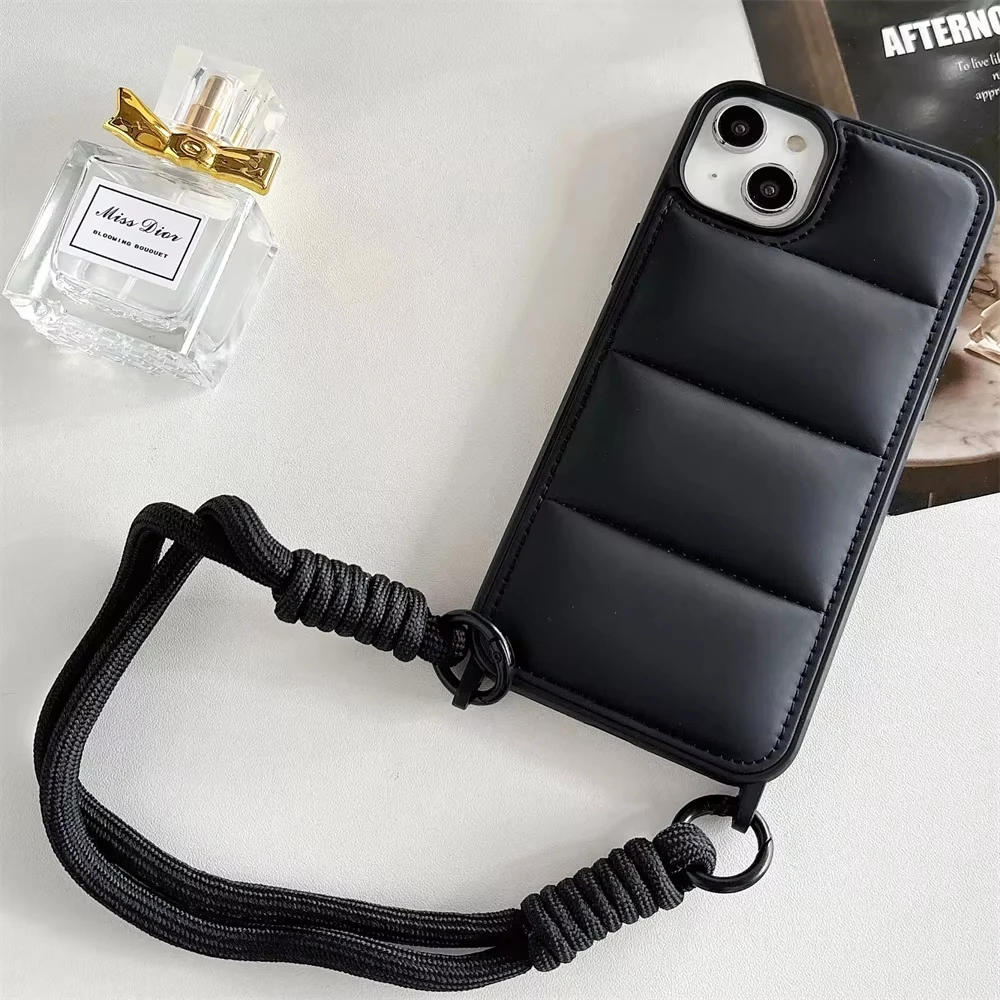 3D The Puffer Lanyard Wrist Strap Case For IPhone 15 14 13 12 11 Pro Max Down Jacket Soft Skin Touch Fabric Filled Cotton Cover