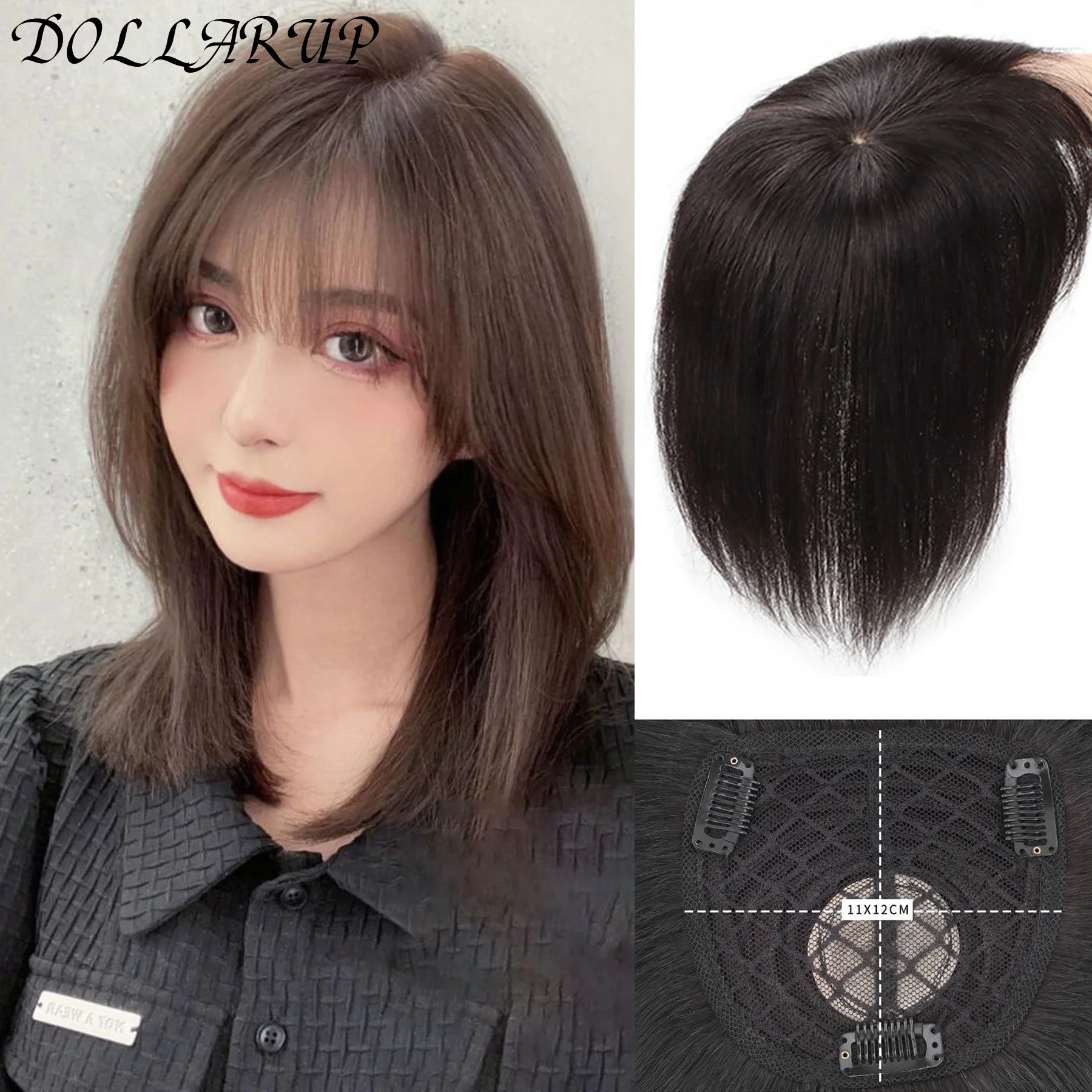 DOLL Topper Hair Piece Invisible Seamless Long Straight Wig Bangs Clip Overhead Natural Invisible Replacement Cover White Hair